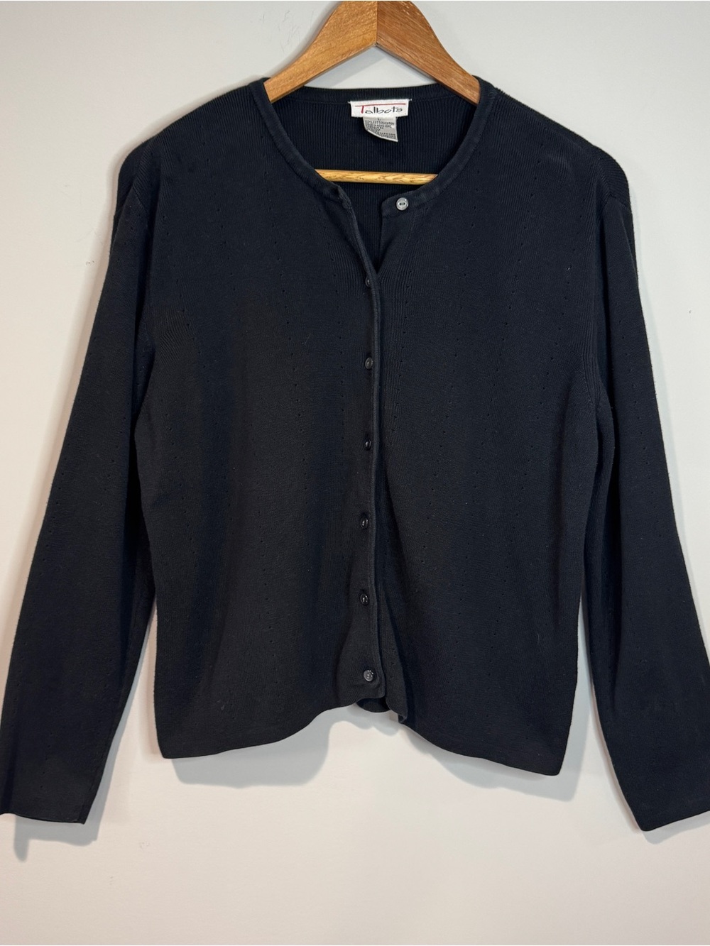 Talbots Vintage Black Cotton Pointelle Knit Button Front Cardigan Minimalist L